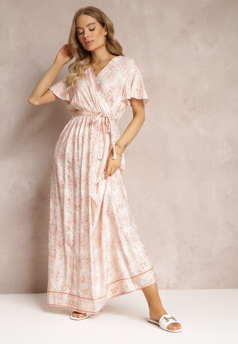 Jasnobeżowa Wiskozowa Sukienka z Metalicznym Wzorem i Gumką w Pasie Carinalia