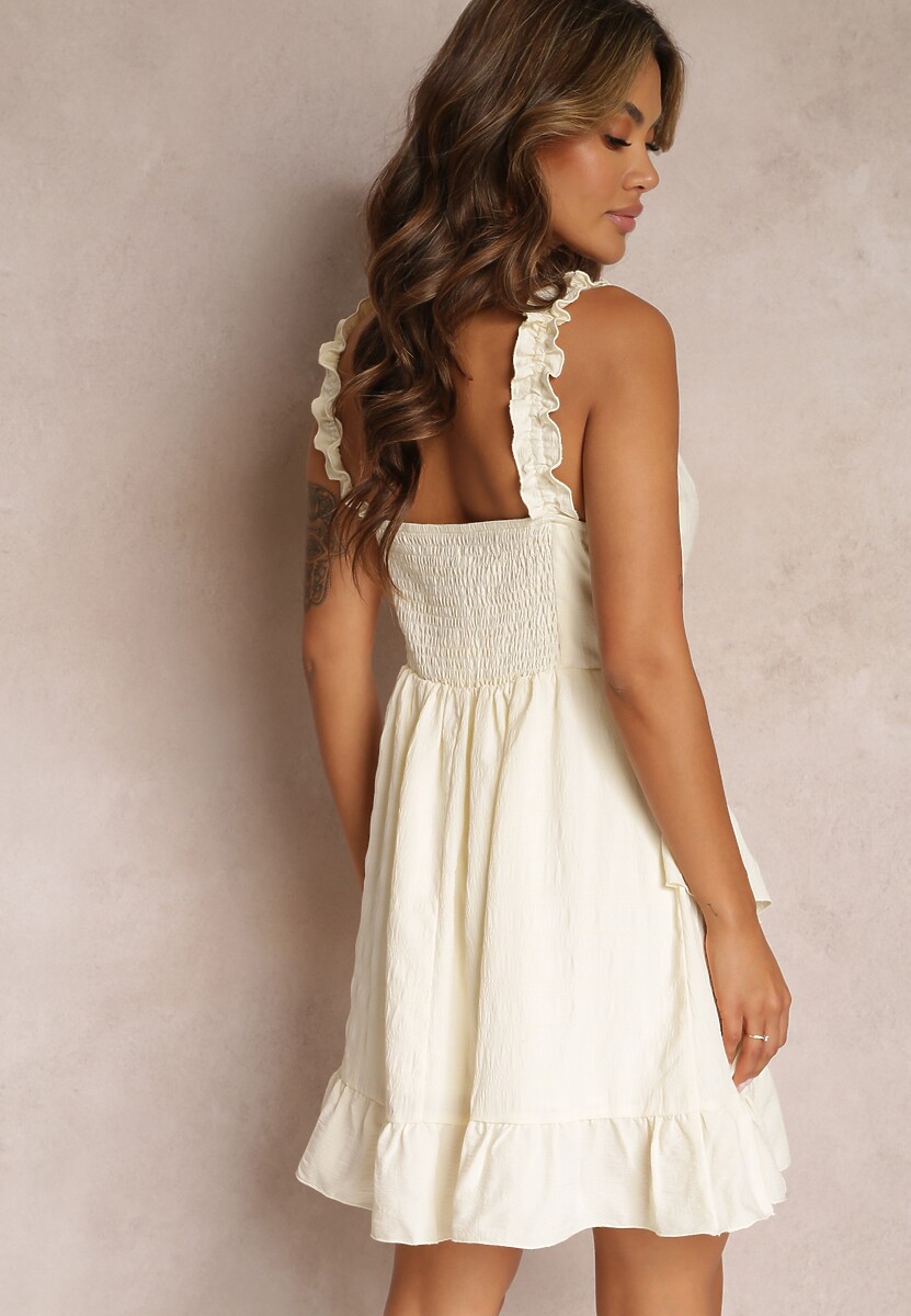 Beżowa Rozkloszowana Sukienka na Szerokich Ramiączkach i z Wiązaniem Elissone