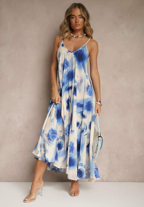 Niebieska Sukienka z Wiskozy Ozdobiona Abstrakcyjnym Wzorem Nilluna