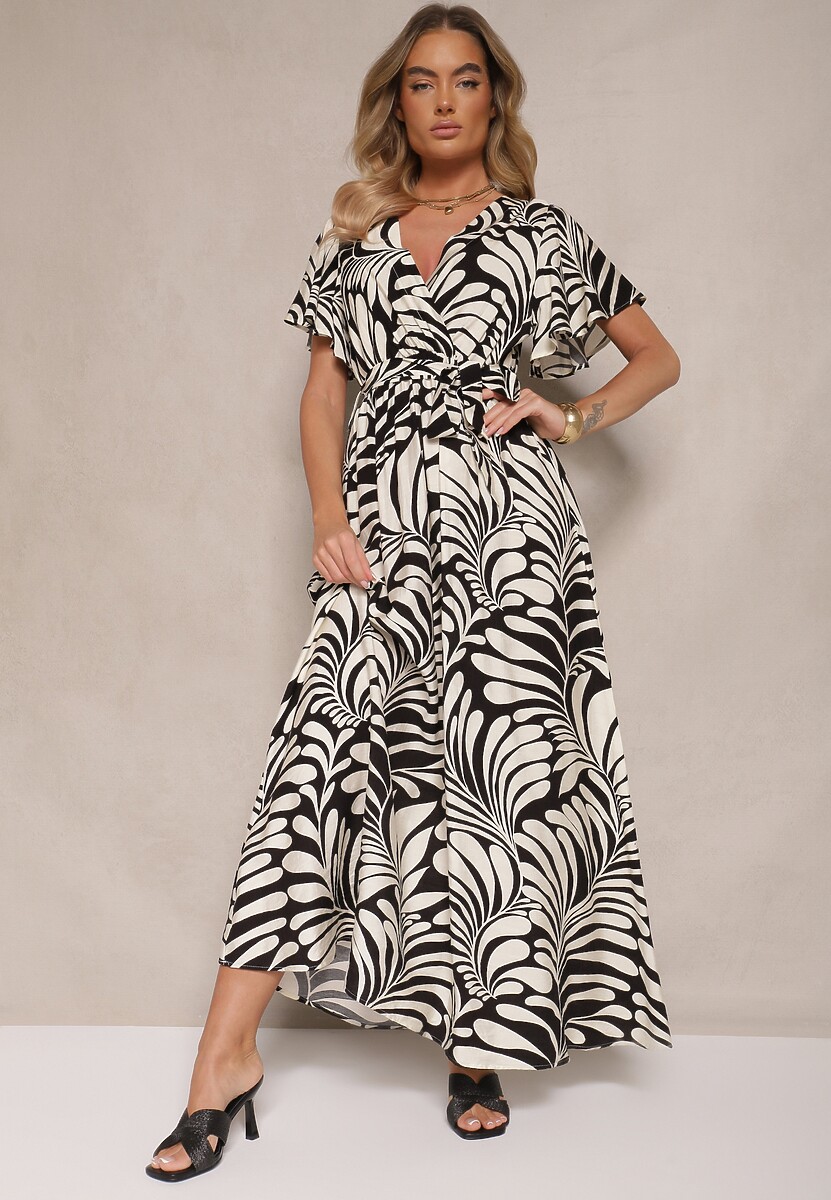 Niebieska Kopertowa Sukienka z Wiskozy Zdobiona Printem z Motywem Roślinnym Dinea