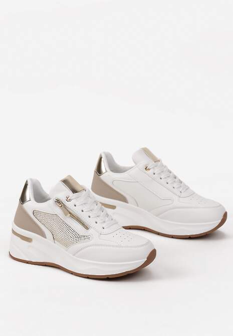 Biało-Beżowe Sneakersy Ozdobione Cyrkoniami i Suwakiem na Grubej Podeszwie Migenna