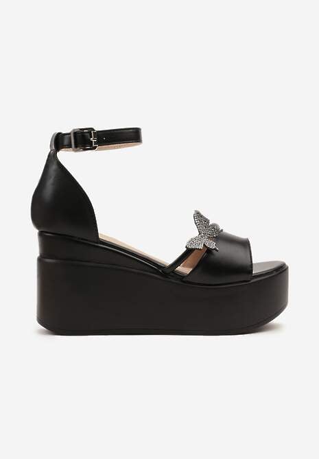 Czarne Sandały na Platformie i Koturnie z Aplikacją Motylka i Sprzączką przy Kostce Lorkio