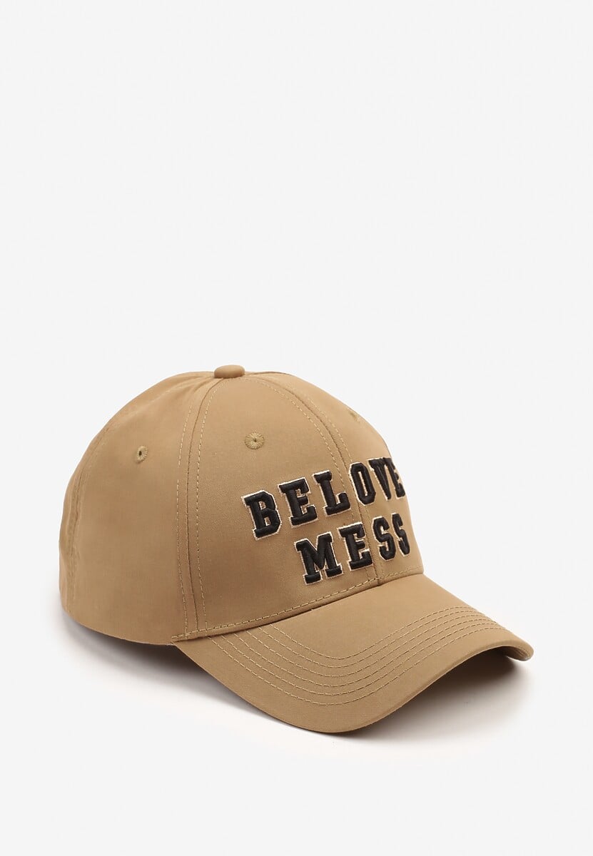 Ciemnobeżowa Czapka z Bawełny z Daszkiem i Napisem Mirazi