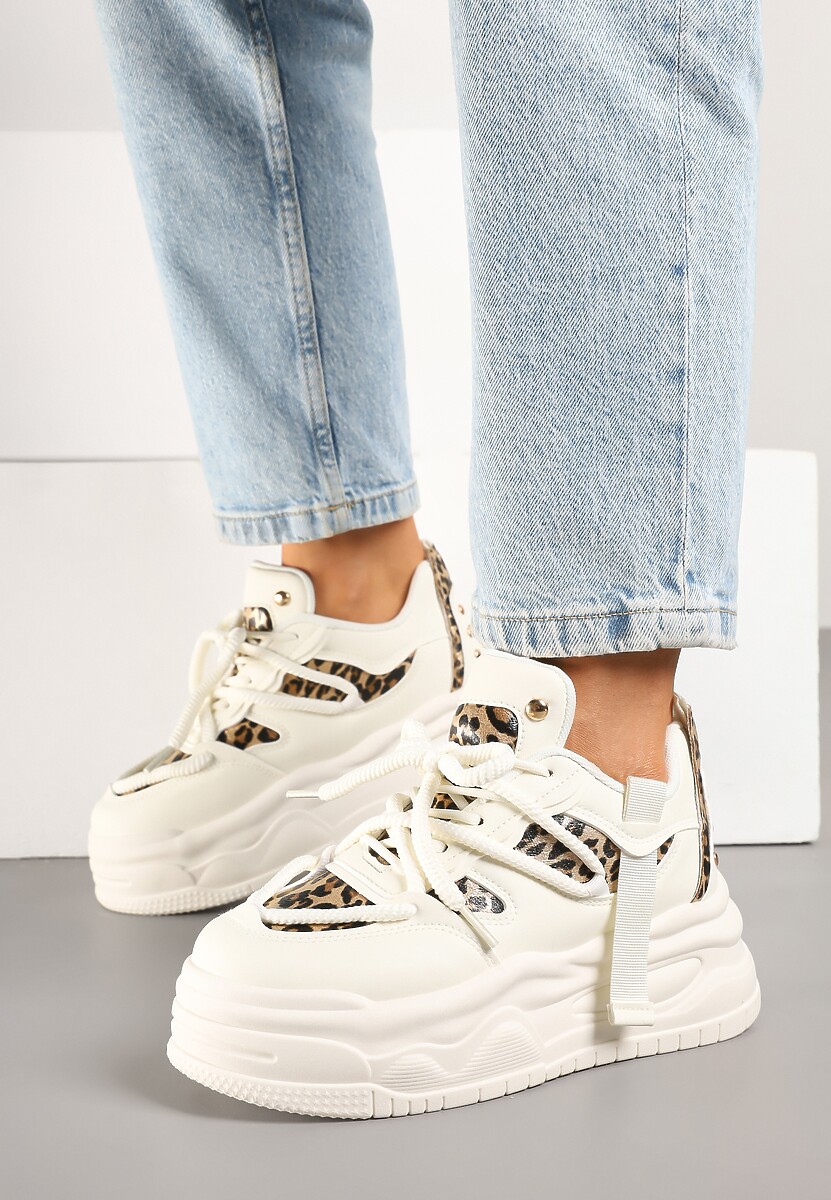 Beżowo-Panterkowe Sneakersy w Streetwearowym Stylu na Tłoczonej Platformie z Brokatem Mailienne