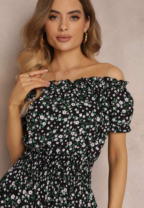 Czarna Bawełniana Sukienka Midi Hiszpanka z Gumką w Pasie Dnise