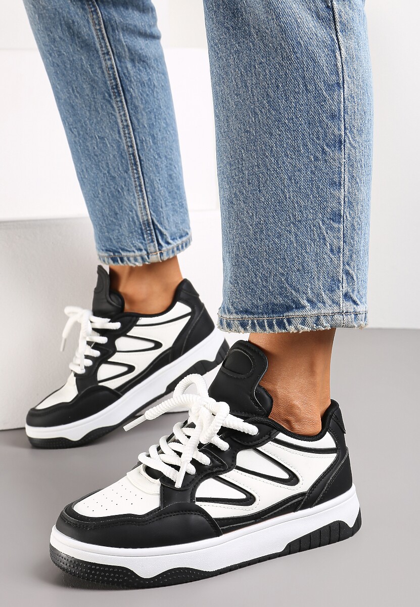 Czarno-Białe Sneakersy przed Kostkę na Platformie z Wstawkami Losia