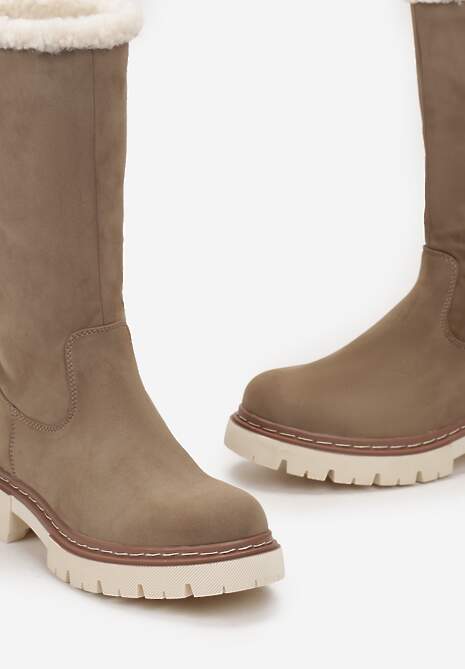Ciemnobeżowe Botki z Szeroką Cholewką z Futerkiem na Krawędzi Benaxa