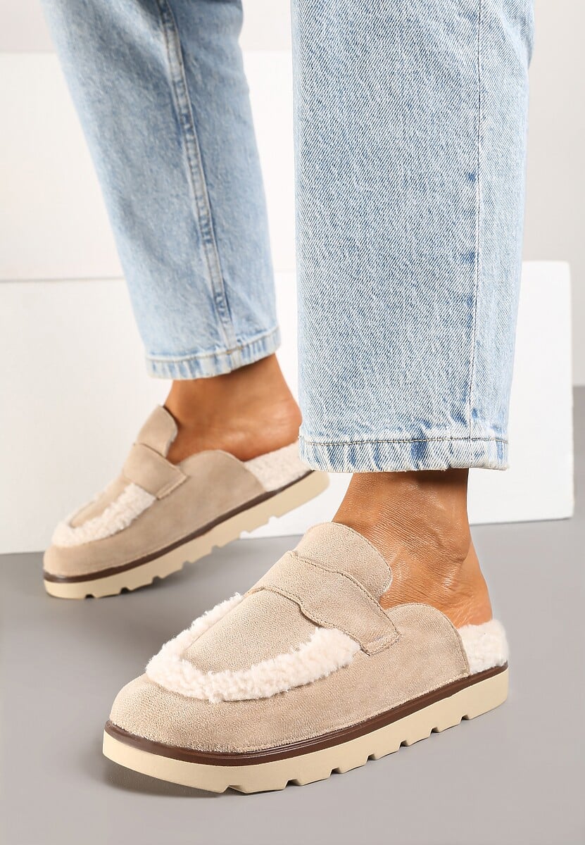 Ciemnobeżowe Kapcie na Płaskiej Podeszwie z Futerkiem i Paskiem Niaviera