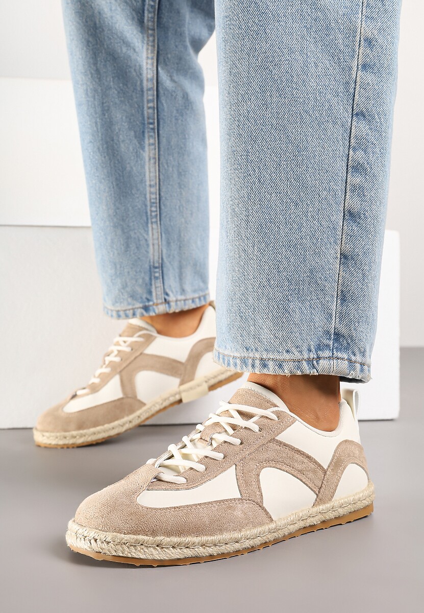 Ciemnobeżowe Sneakersy Kultowe Tenisówki z Podeszwą Zdobioną Plecionką Zarorella