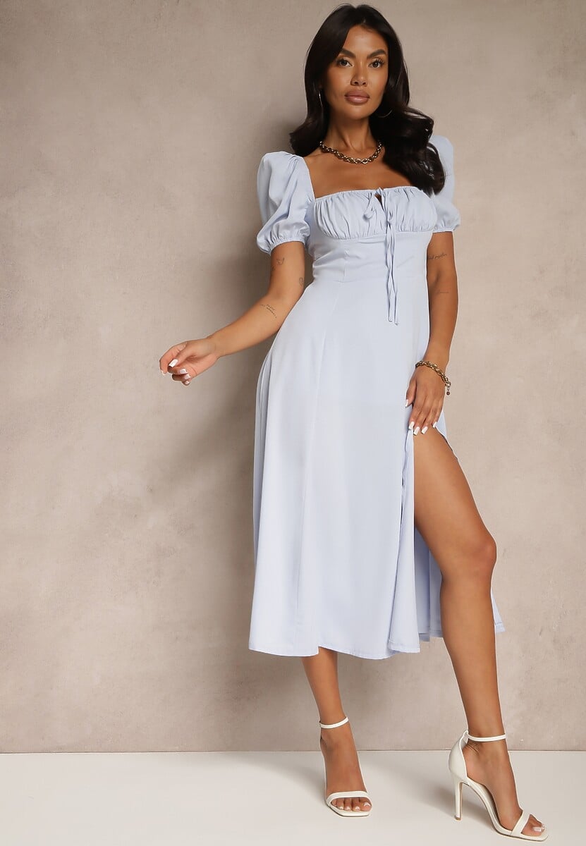 Niebieska Rustykalna Sukienka o Rozkloszowanym Kroju z Wiązaniem i Rozcięciem Idanvera