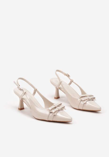 Beżowe Lakierowane Sandały na Obcasie z Noskiem w Szpic z Kokardkami Noravis