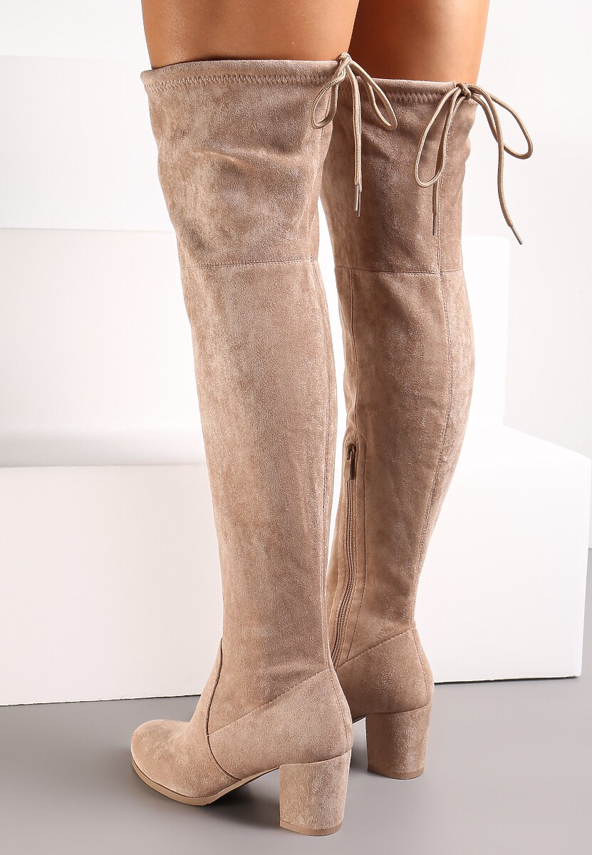 Ciemnobeżowe Kozaki ze Ściąganą Cholewką za Kolano na Słupku Alicva