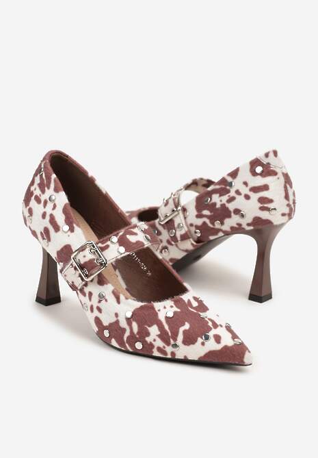 Brązowe Czółenka Vices w Krowie Łaty na Szpilce z Wkładką ze Skóry Naturalnej Ozdobione Nitami Rileinea Viralowe