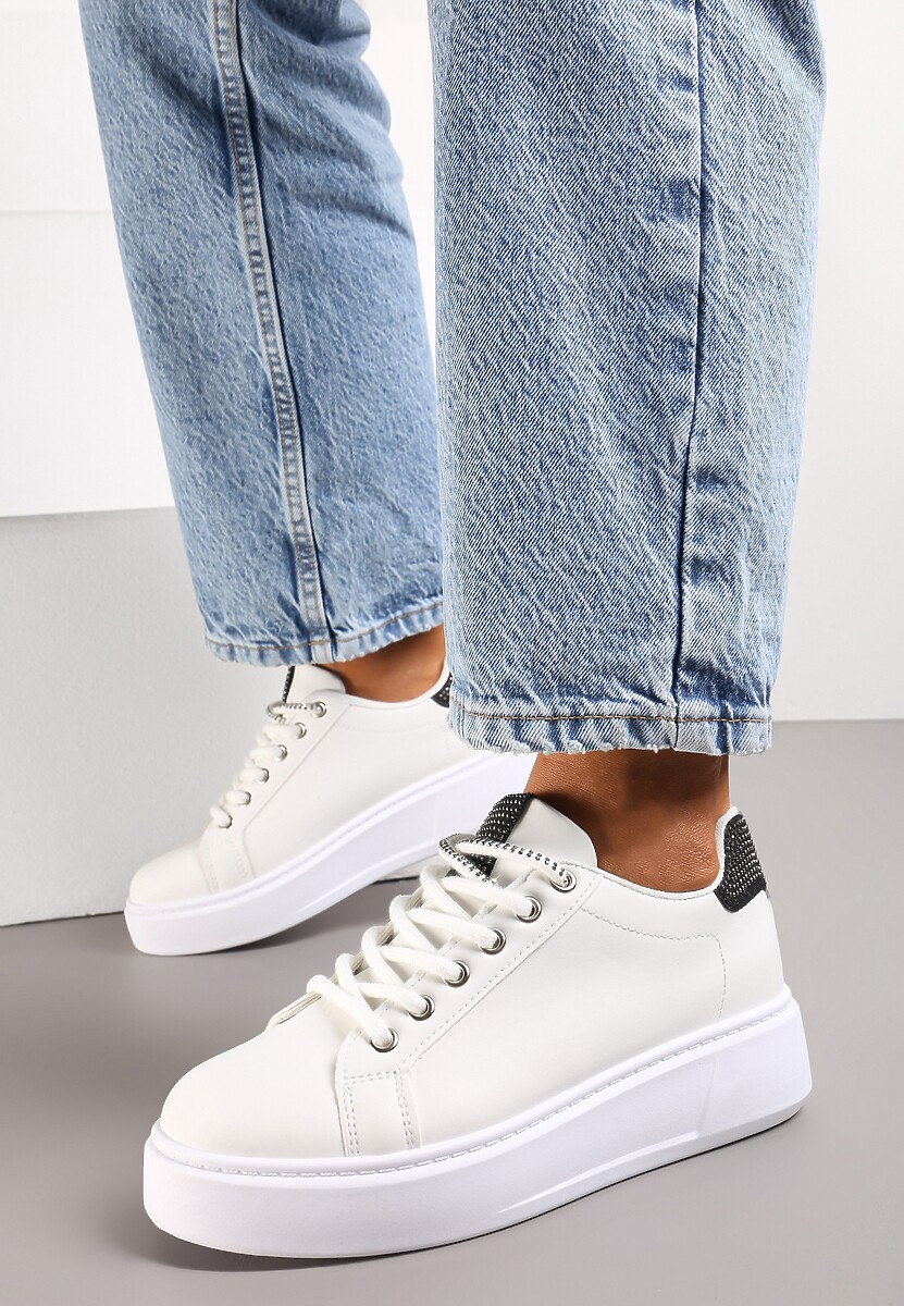 Biało-Czarne Sneakersy Ozdobione Brokatem i Drobnymi Cyrkoniami Emavia