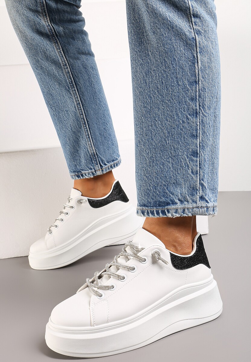 Biało-Czarne Sneakersy z Cyrkoniami na Sznurowadłach i Brokatem Terisla