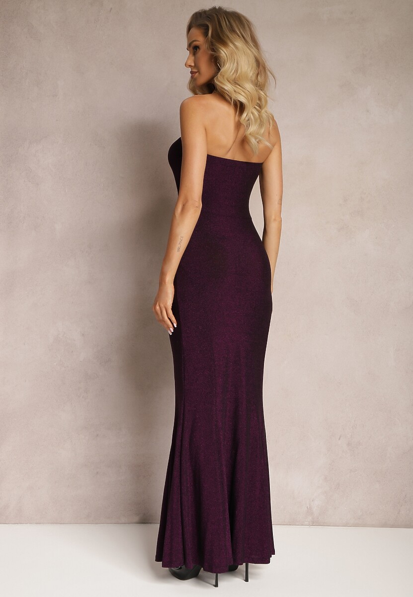 Ciemnofioletowa Połyskująca Sukienka Maxi Bez Ramiączek z Rozkloszowanym Dołem Botalia