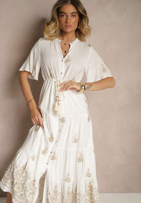 Biała Rozkloszowana Sukienka Boho z Wiskozy Zdobiona Haftem i Wiązaniem Falvania