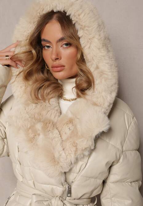 Beżowa Kurtka Pikowana Długa Płaszcz z Imitacji Skóry z Futerkiem Flechie