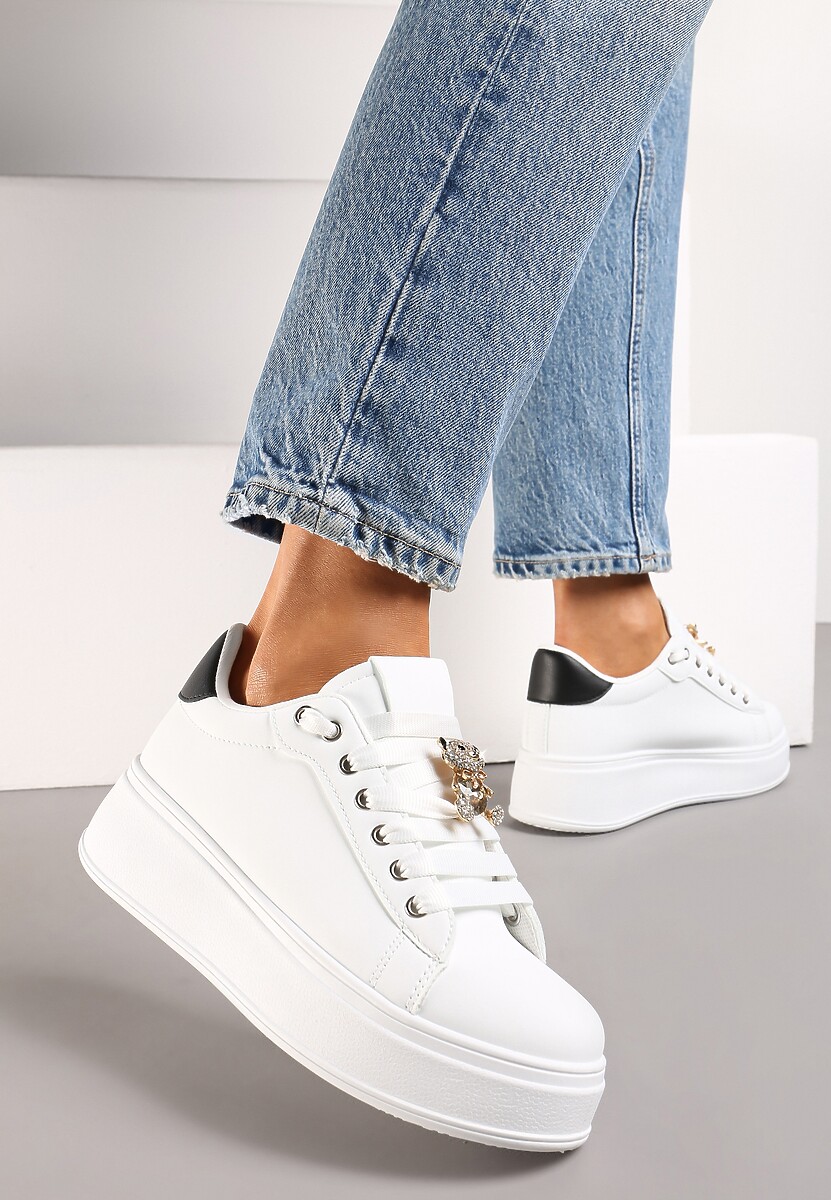 Biało-Czarne Sneakersy z Imitacji Skóry na Platformie z Ozdobą z Cyrkonii Imbercca