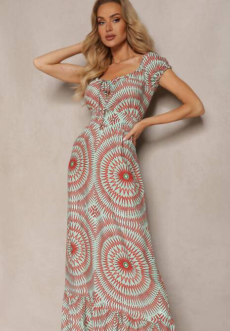 Miętowo-Pomarańczowa Rozkloszowana Sukienka z Wiskozy z Gumką w Pasie i Wiązaniem przy Dekolcie Xicia