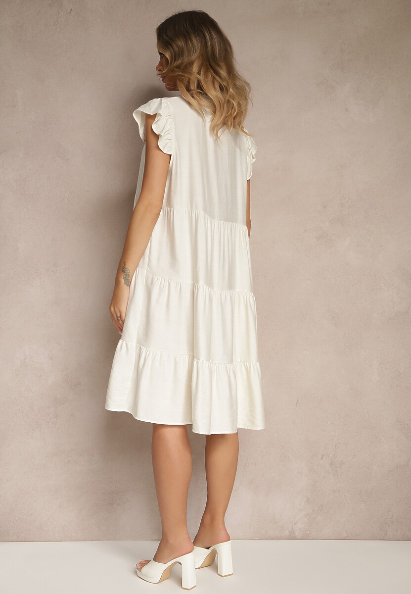 Jasnobeżowa Rozkloszowana Sukienka z Dekoltem w Kształcie Litery V Mevamara