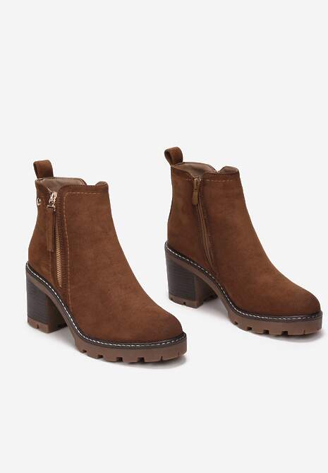 Brązowe Botki na Słupku Boho z Suwakiem Kodra