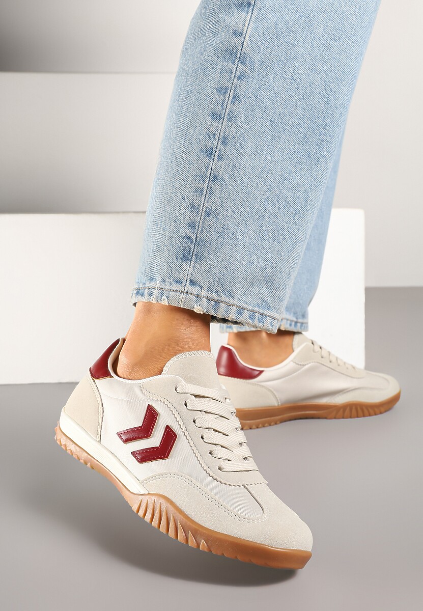 Beżowo-Czerwone Sneakersy Typu Kultowe Tenisówki Zdobione Przeszyciami Mepenna