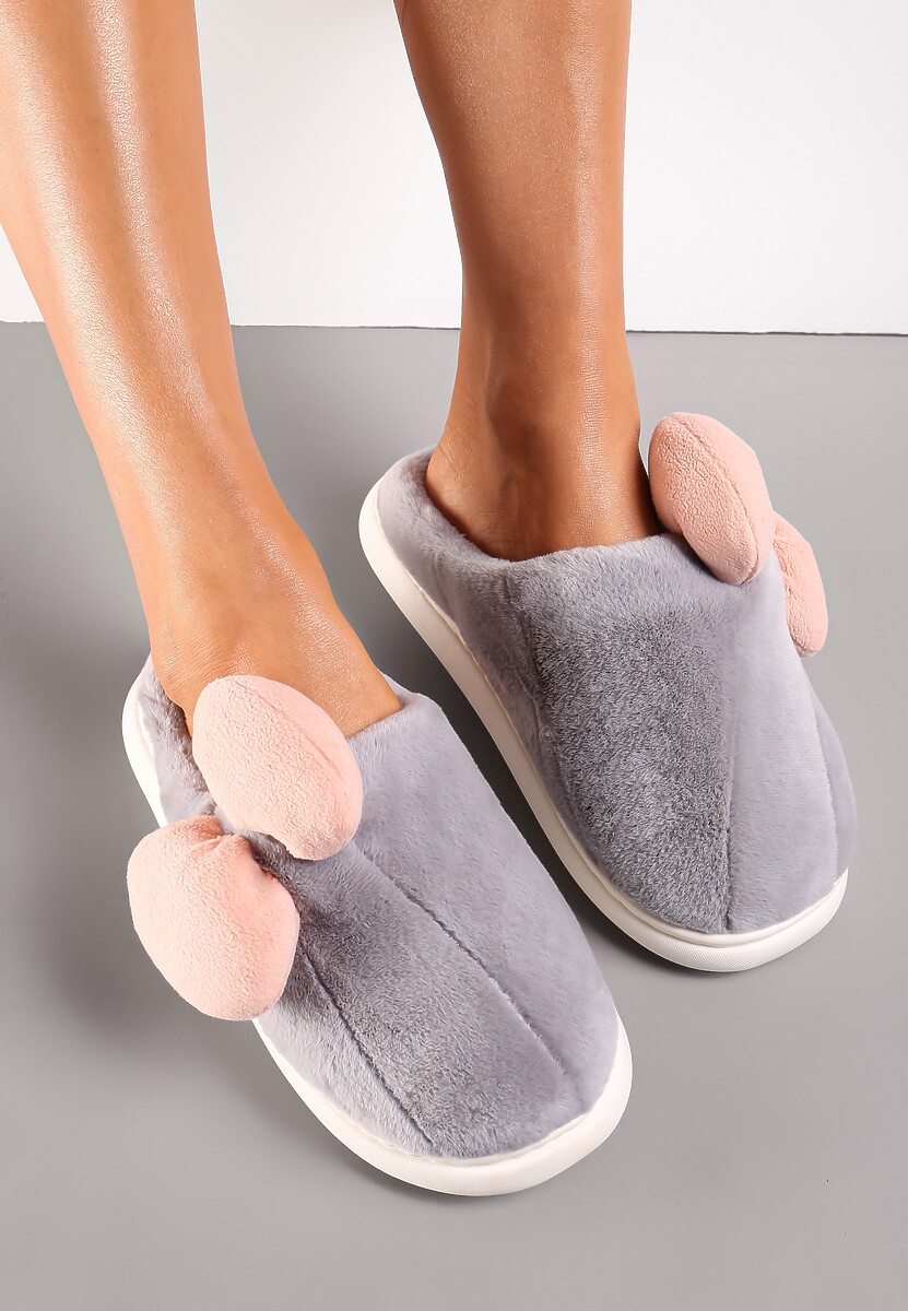 Szare Futerkowe Kapcie z Pluszową Kokardką Vlemona