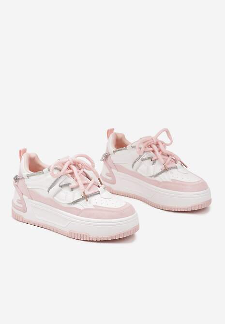 Biało-Różowe Sneakersy na Platformie z Paskiem z Cyrkonii Aneolin