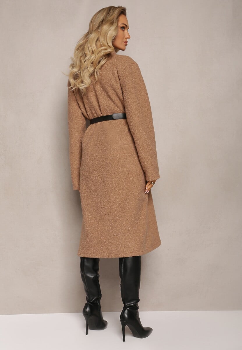 Beżowy Luźny Płaszcz Niezapinany z Paskiem Acompana