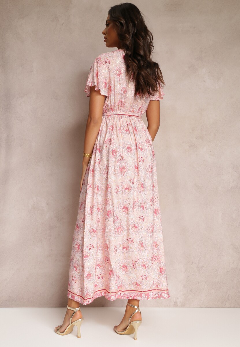 Jasnoróżowa Wiskozowa Sukienka z Metalicznym Wzorem i Gumką w Pasie Carinalia