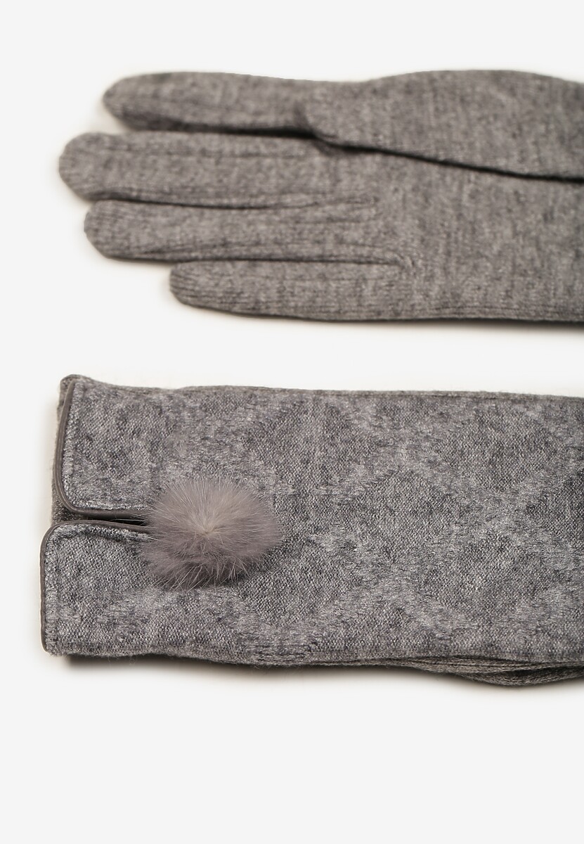 Szare Rękawiczki z Bawełną Ozdobione Pomponem i Rozcięciem Zinnaletha
