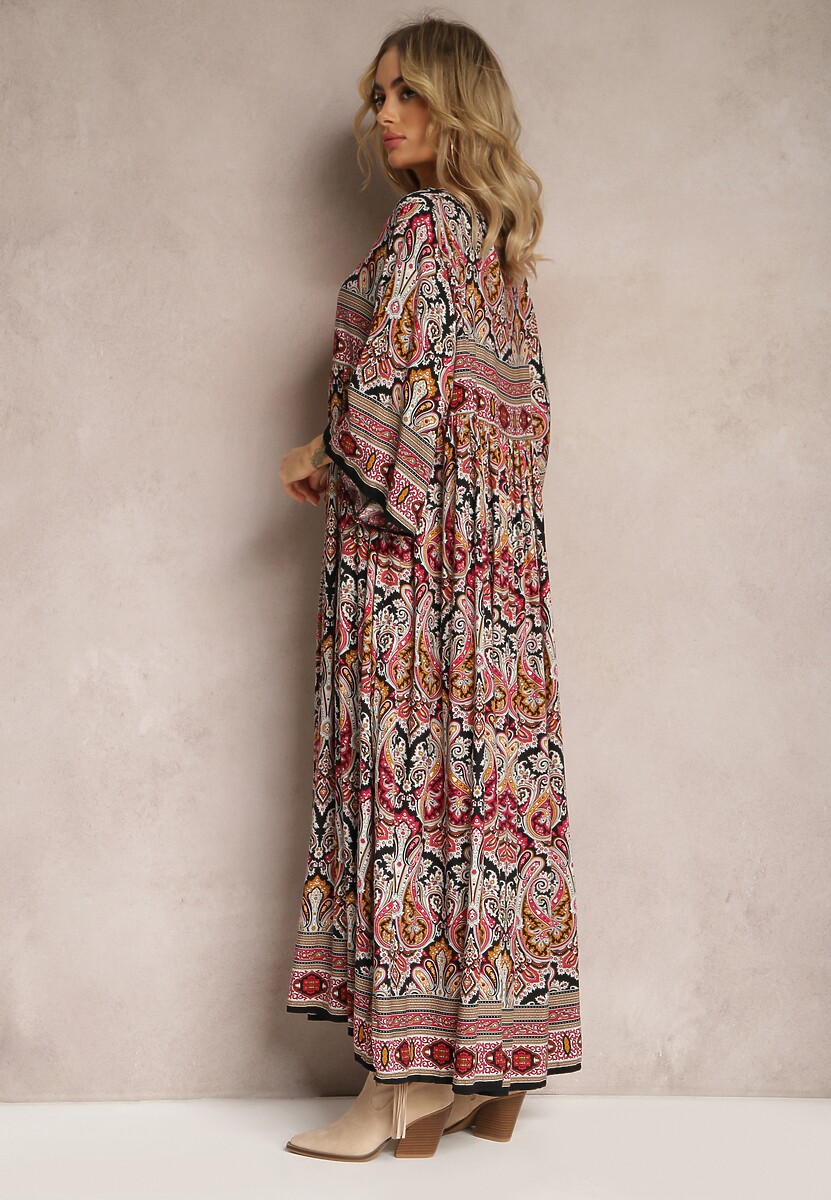 Czarno-Bordowa Rozkloszowana Sukienka we Wzór Paisley z Rękawem 3/4 Briarwa