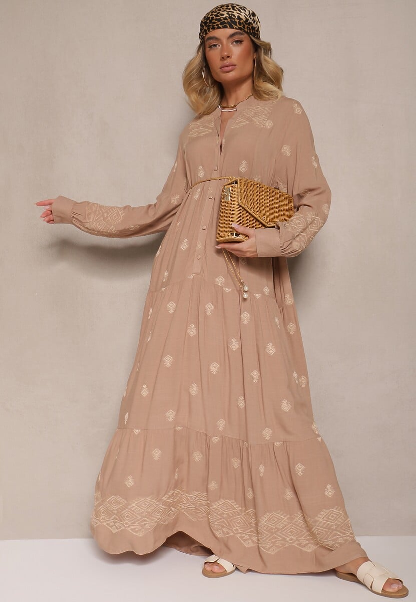 Niebieska Rozkloszowana Sukienka Ozdobiona Haftem i Wzorem Boho Ronavere