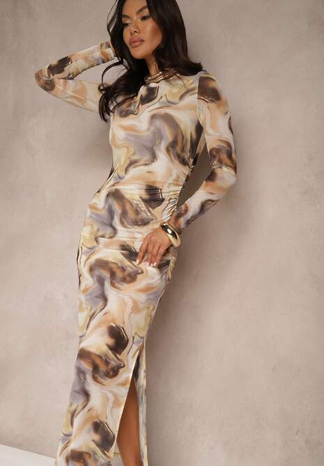 Beżowa Siateczkowa Sukienka Bodycon z Połyskującym Wzorem Tie-Dye Niniriela