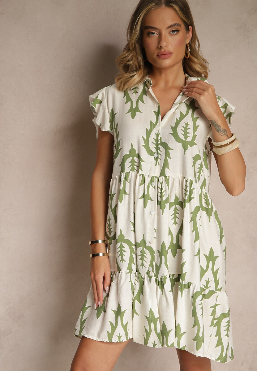 Zielona Koszulowa Sukienka z Lnem i Wiskozą o Rozkloszowanym Kroju Aranese