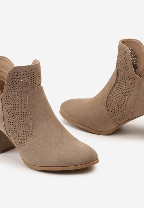Ciemnobeżowe Botki z Ażurową Cholewką ze Skórzaną Wkładką i Noskiem w Szpic Voilaria