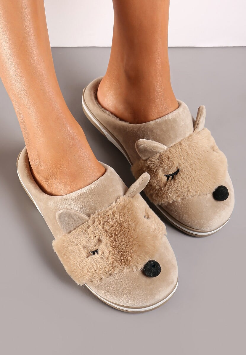 Beżowe Kapcie z Futerkiem i Imitacją Uszu Bervenka