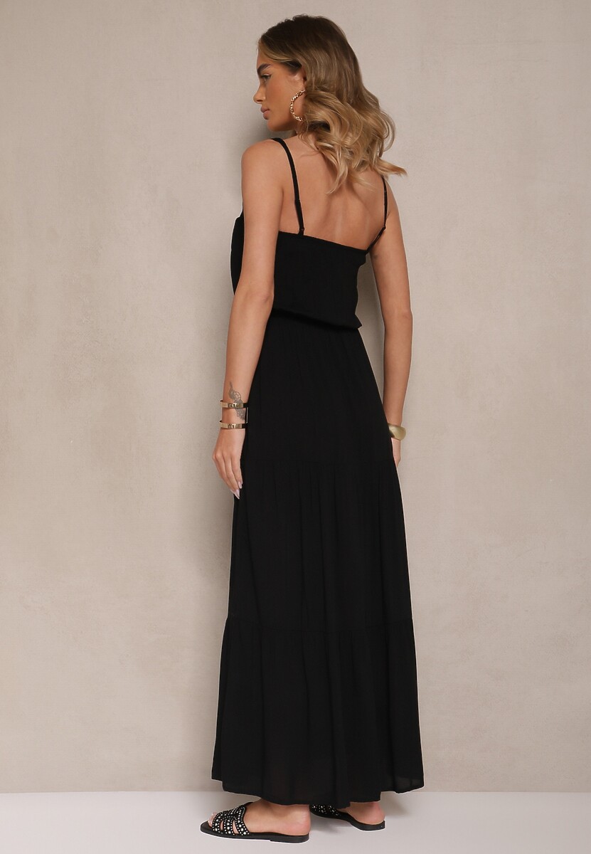 Czarna Rozkloszowana Sukienka z Wiskozy na Ramiączkach Flesira