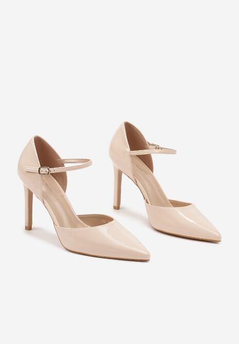 Beżowe Szpilki z Lakierowanym Połyskiem i Paskiem na Sprzączkę Norilia