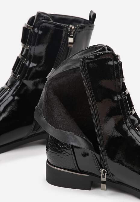 Czarne Botki Vices Lakierowane Ozdobione Tłoczonymi Elementami Typu Krokodyl Olema