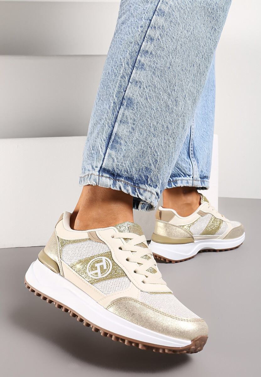 Złote Sznurowane Sneakersy z Brokatem i Siateczką na Grubej Podeszwie Leviria