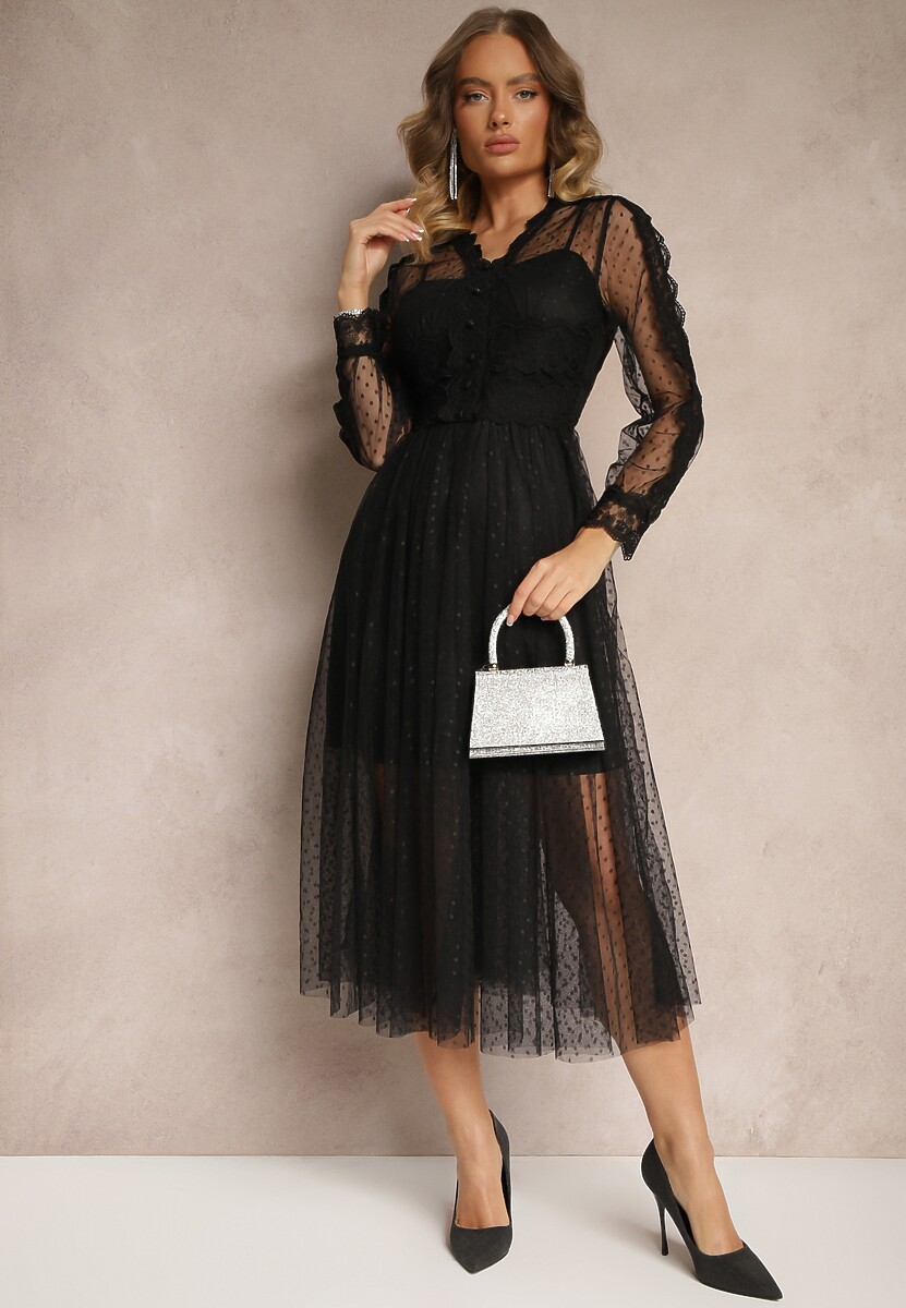 Czarna Rozkloszowana Sukienka Midi z Tiulu z Koronką Rislaine
