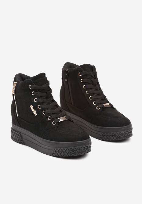 Czarno-Złote Sneakersy na Koturnie z Metalicznymi Detalami i Dodatkowym Suwakiem Dailise
