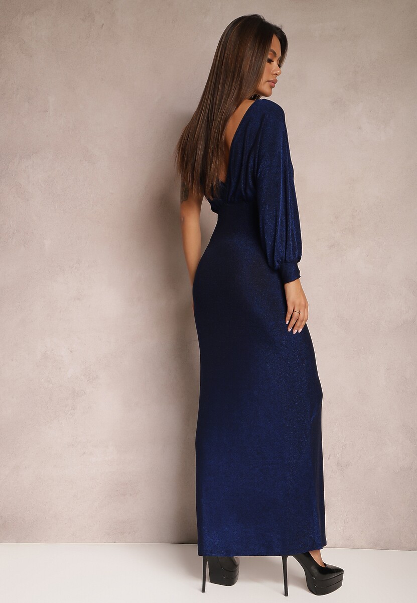 Granatowa Połyskująca Sukienka Maxi o Asymetrycznym Fasonie z Trójkątnym Dekoltem i Rozcięciem Imisnna
