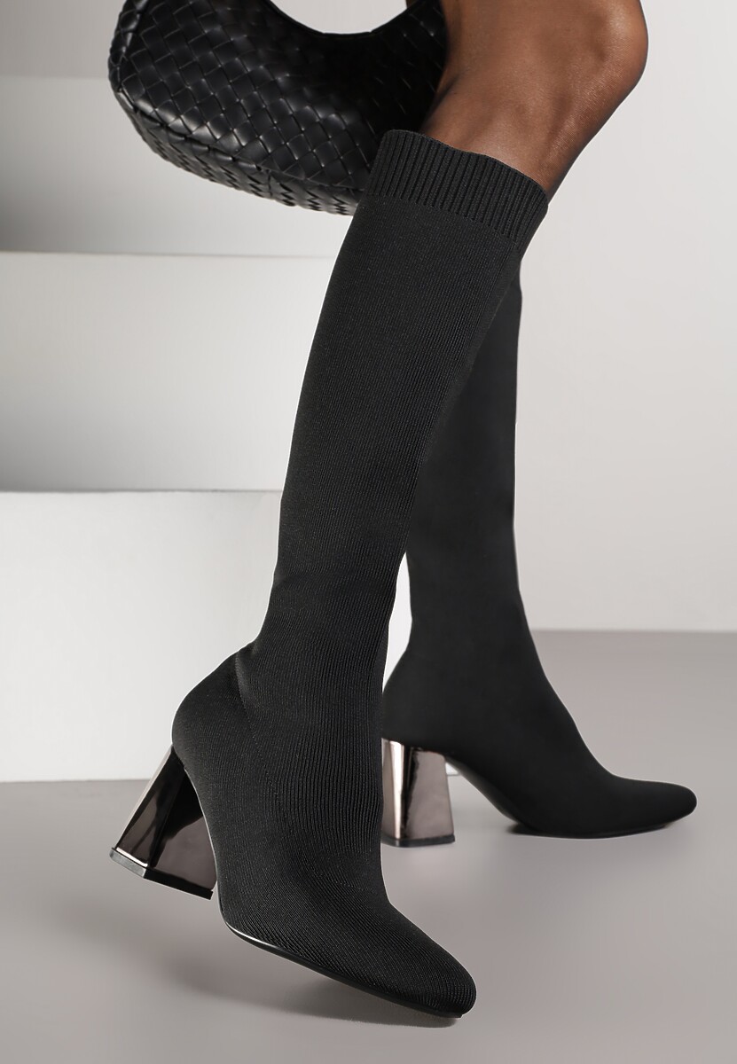 Brązowe Eleganckie Kozaki VICES na Metalicznym Obcasie ze Skarpetkową Cholewką Nalaina