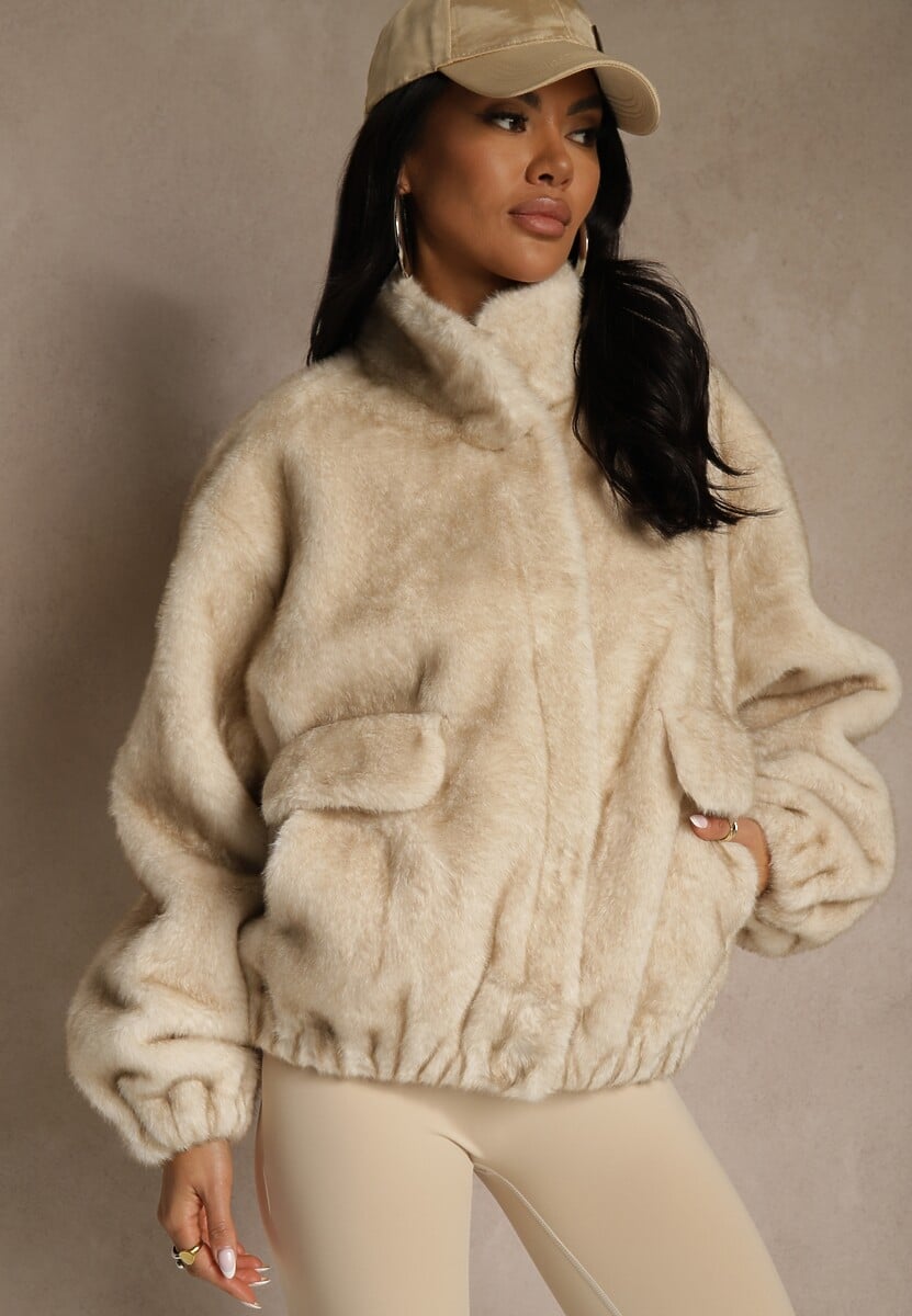 Beżowa Futrzana Kurtka Bomberka z Kieszeniami Tiwedela