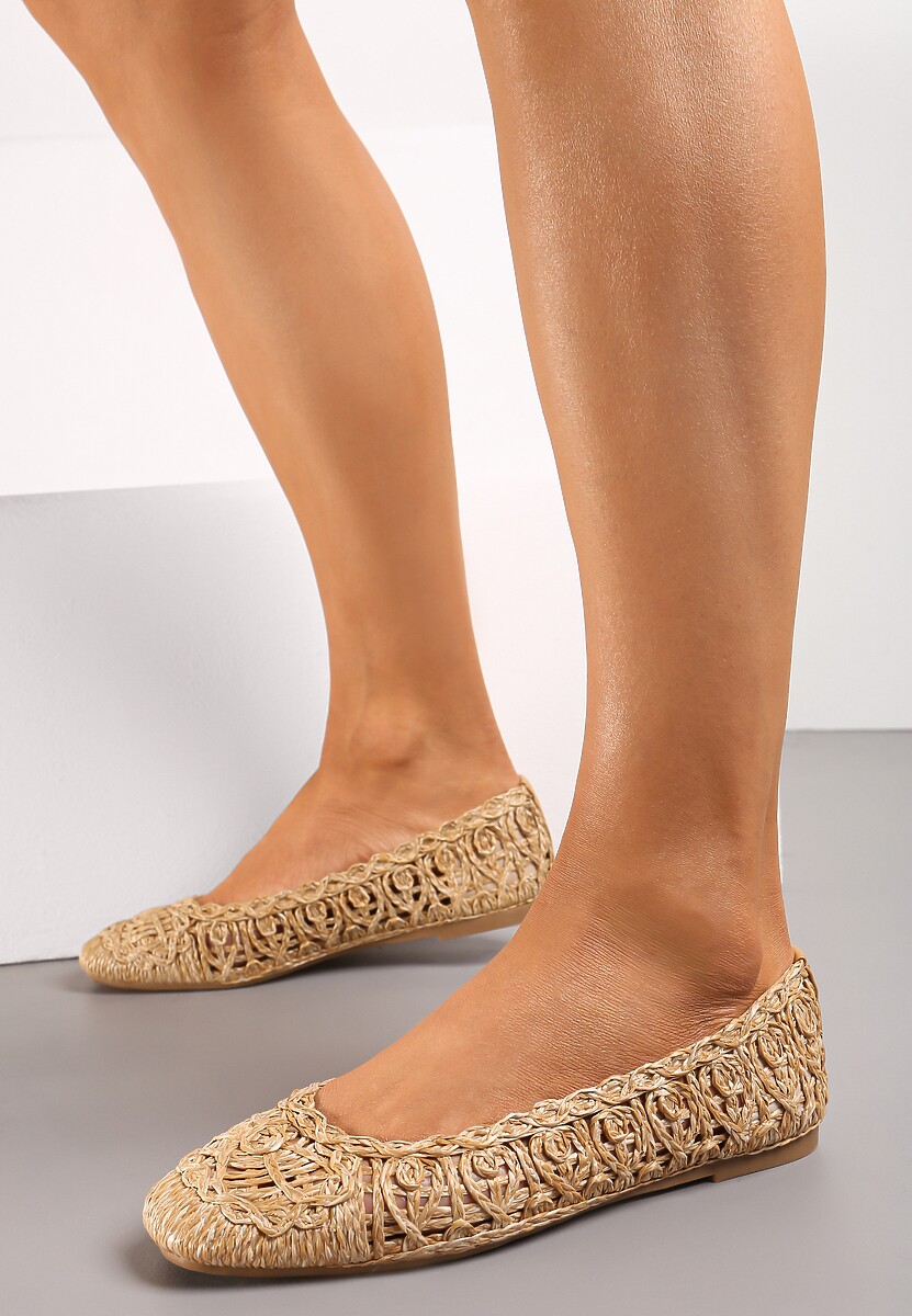 Ciemnobeżowe Balerinki na Płaskiej Podeszwie z Ażurowym Wzorem z Plecionki Erolani