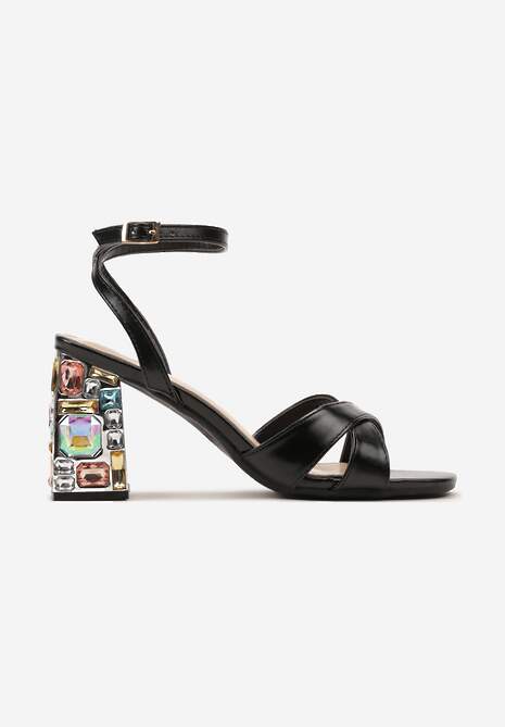 Czarne Sandały z Ekoskóry na Słupku z Kolorowymi Kryształkami i Sprzączką Kardila