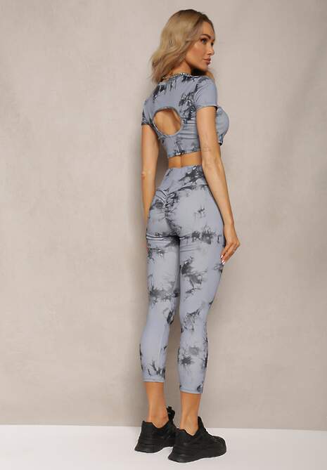 Szary Komplet Sportowy z Printem Tie-Dye z Koszulą Cropped i Legginsami Davenia
